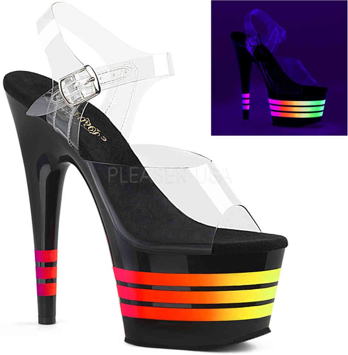 EU 37 = US 7 | ADORE-708UVLN | 7 Heel, 2 3/4 PF Ankle Strap Sandal w/ Neon Lines